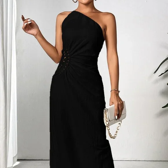 はなはな　LOHEN SHOULDER SLIT CUTSEW Amazon.com: Women's Casual Blcak Dress One Shoulder Wrap